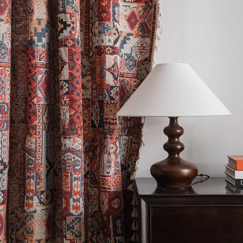 Bohemian Jacquard Geometric Pattern Curtains Polyester Cotton Semi Blackout Window Drapes With Tassel For Living Room Bedroom