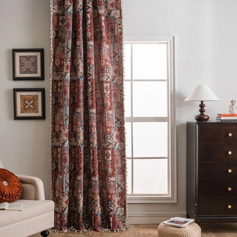 Bohemian Jacquard Geometric Pattern Curtains Polyester Cotton Semi Blackout Window Drapes With Tassel For Living Room Bedroom