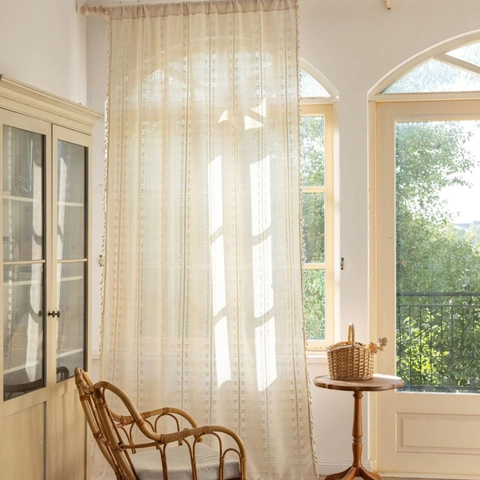 Nordic Style Polyester Hollow Out Square Door Curtain With Tassels Plain Embroidered Semi Blackout Window Drapes For Living Room Home Decor