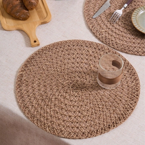 Round Jute Woven Placemat Heat Resistant Hollow Braided Table Mat For Dining Room Kitchen Home Pastoral Style Decor