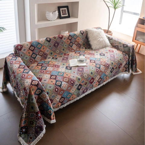 Bohemian Geometric Jacquard Sofa Cover With Tassels Polyester Cotton Ethnic Throw Blanket For Living Room Home Decor
