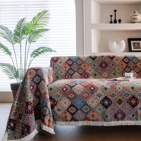 Bohemian Geometric Jacquard Sofa Cover With Tassels Polyester Cotton Ethnic Throw Blanket For Living Room Home Decor