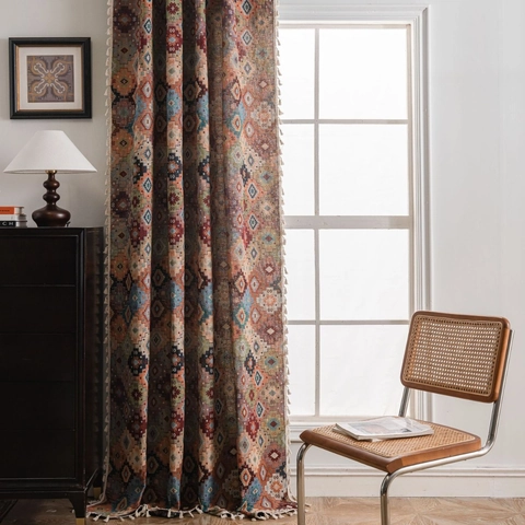 Bohemian Geometric Jacquard Tassel Curtains Polyester Cotton Semi Shading Window Treatment Rod Pocket Drapes For Living Room