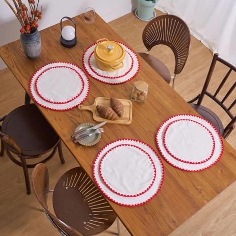 Embroidered Cotton Linen Placemats Scalloped Wave Edge Heat Resistant Table Mats For Dining Room Kitchen Home Decor