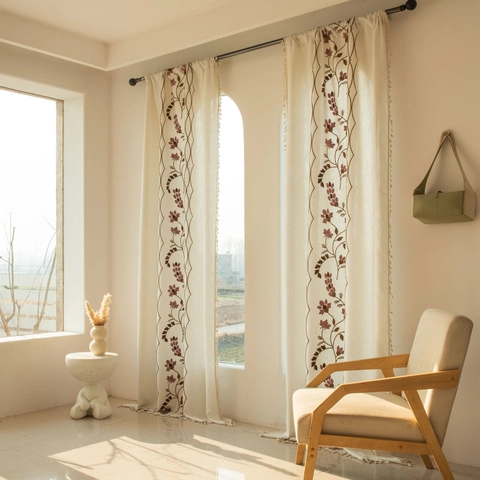 American Country Embroidered Floral Grapevine Tassel Curtains For Living Room Bedroom Semi Shading Window Drapes