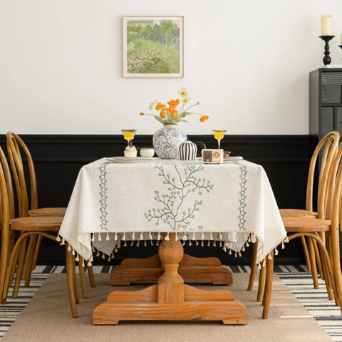 Mantel Bordado de Poliéster Con Borlas Patrón Floral Cubierta de Mesa Rectangular para Cocina Comedor Decoración del Hogar Antipolvo