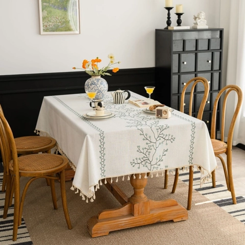 Mantel Bordado de Poliéster Con Borlas Patrón Floral Cubierta de Mesa Rectangular para Cocina Comedor Decoración del Hogar Antipolvo
