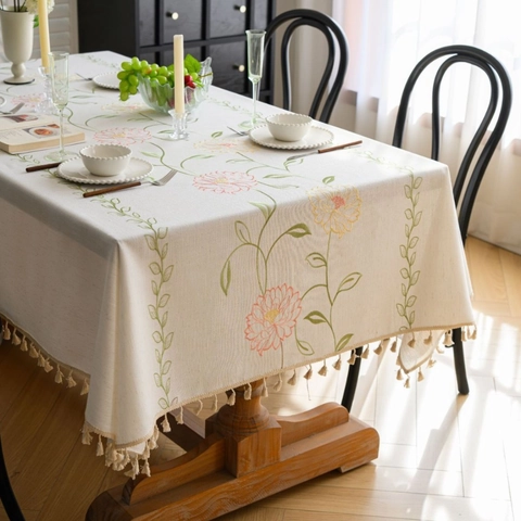New Chinese Style Floral Embroidered Tablecloth With Tassels Polyester Rectangular Decorative Dust-proof Dining Table Cover For Home Decor