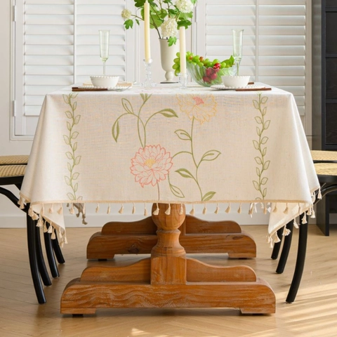 New Chinese Style Floral Embroidered Tablecloth With Tassels Polyester Rectangular Decorative Dust-proof Dining Table Cover For Home Decor