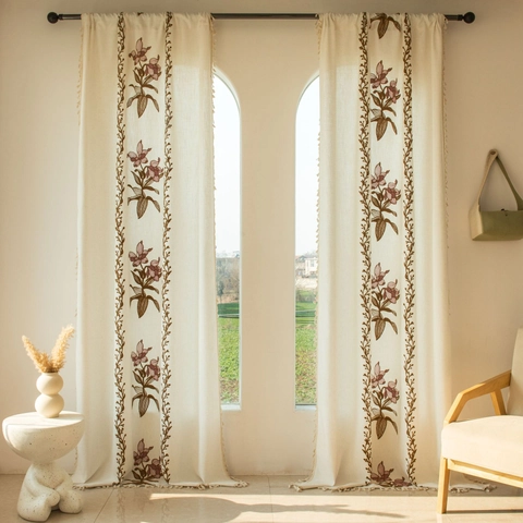 American Vintage Polyester Embroidered Floral Curtain With Tassels Semi-Blackout Rod Pocket Hook Grommet Window Treatment Home Decor