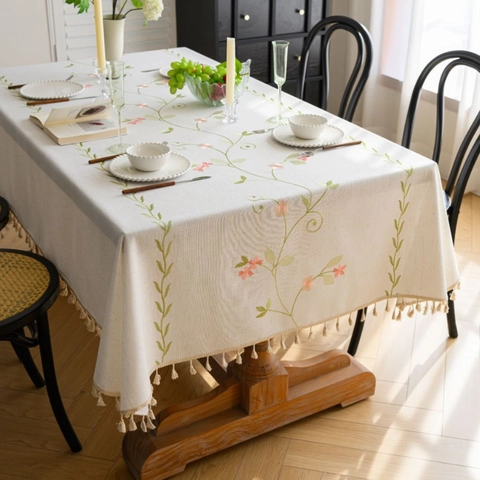 Mantel Pastorale Bordado de Flores con Borlas de Poliéster Rectangular Cubierta Antipolvo para Comedor Cocina Decoración