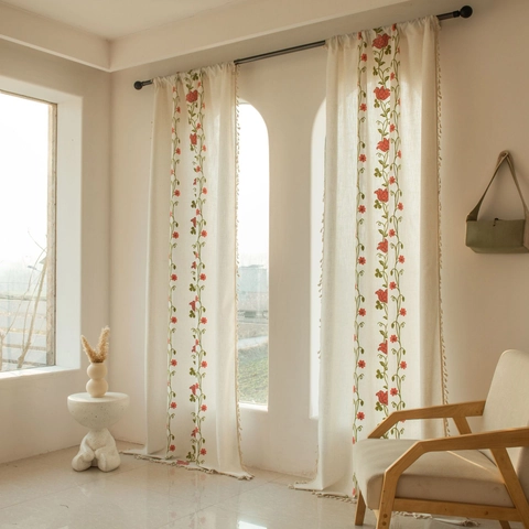 Cortina de Poliéster Bordada Floral Clásica Europea Beige Semiopaca Con Borla Para Decoración de Cocina Sala de Estar