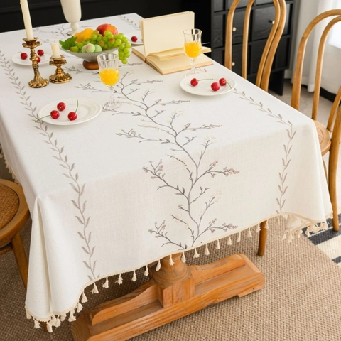 Mantel de Poliéster Bordado con Flores y Borlas Rectangular Estilo Ins Cubierta de Mesa para Comedor Decoración del Hogar
