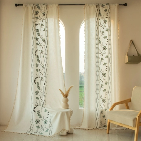 American Country Embroidered Floral Grapevine Tassel Curtains For Living Room Bedroom Semi Shading Window Drapes