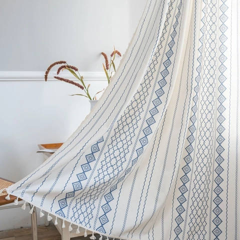 Bohemian Cotton Linen Geometric Pattern Window Curtains With Tassels Semi Shading Drapes For Living Room Bedroom Home Decor