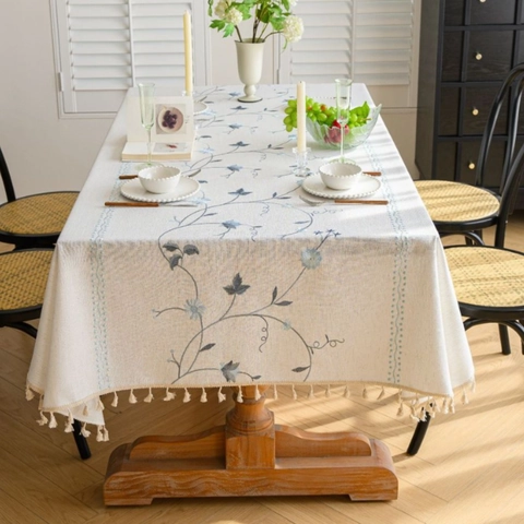 Mantel Bordado Nórdico Patrón Botánico Floral Borde de Borlas Rectángulo Cubierta de Mesa de Poliéster Para Mesa de Comedor