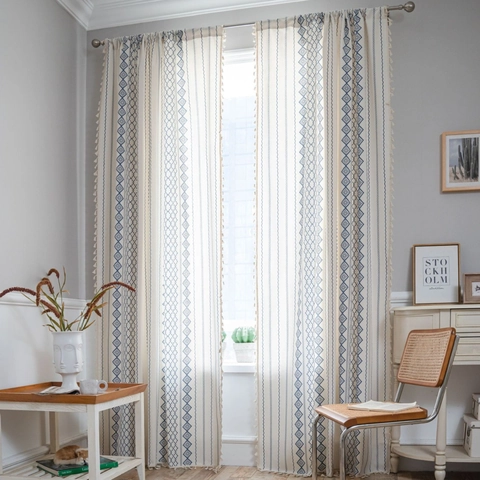 Bohemian Cotton Linen Geometric Pattern Window Curtains With Tassels Semi Shading Drapes For Living Room Bedroom Home Decor