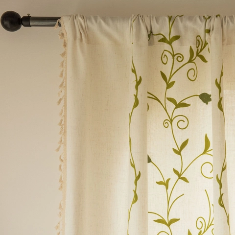 Elegant Embroidery Vine Rose Curtain With Tassel Trim Semi Shading Polyester Beige Floral Drapes For Living Room Kitchen