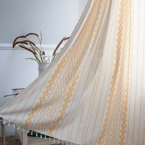 Bohemian Geometric Cotton Linen Curtains With Tassels Semi-Blackout Window Drapes For Living Room Bedroom Home Decor