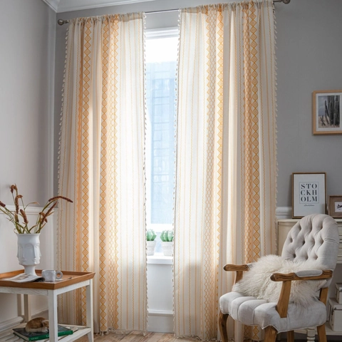 Bohemian Geometric Cotton Linen Curtains With Tassels Semi-Blackout Window Drapes For Living Room Bedroom Home Decor