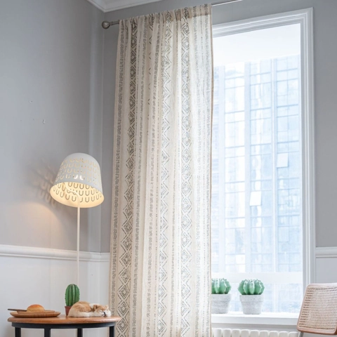 Cortina de Algodón Lino Estampado Diamante Geométrico Bohemio Retro Francés Tratamiento de Ventana Semi-Sombreado para Sala de Estar Dormitorio Cocina