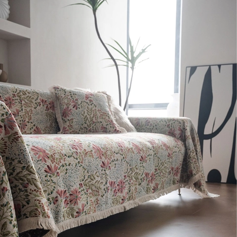 Copridivano Jacquard Floreale Misto Cotone Poliestere Pastorale Coperta Spessa Con Nappine Protezione Mobili Antigraffio