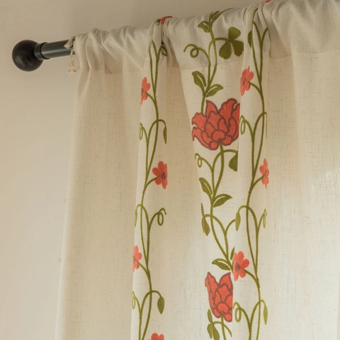 Cortina de Poliéster Bordada Floral Clásica Europea Beige Semiopaca Con Borla Para Decoración de Cocina Sala de Estar