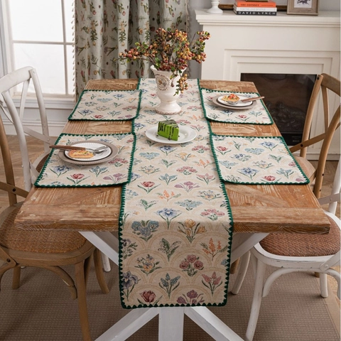 Camino de Mesa Vintage de Jacquard Floral Con Borde Ondulato Mezcla de Algodón Estilo Pastoral para Comedor Mesa de Centro
