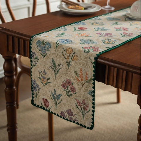 Camino de Mesa Vintage de Jacquard Floral Con Borde Ondulato Mezcla de Algodón Estilo Pastoral para Comedor Mesa de Centro