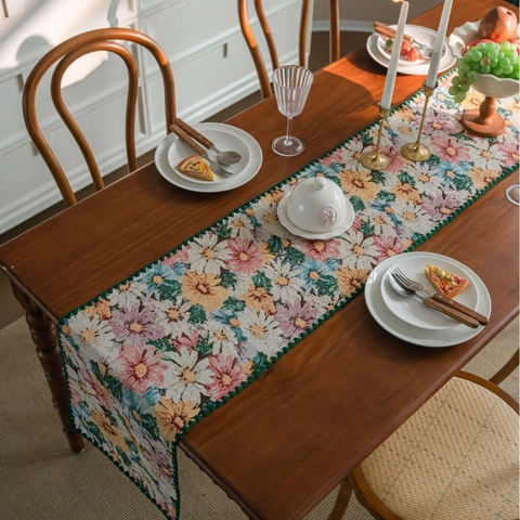 Runner da Tavola Jacquard Floreale Vintage Pastorale Con Bordi a Conchiglia in Misto Cotone Poliestere Decorativo
