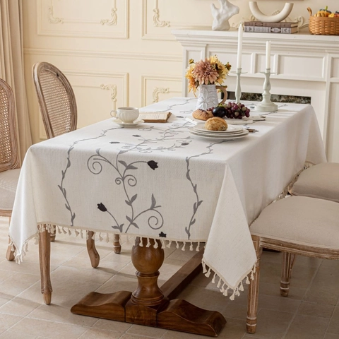 Amerikanische Landhaus Tischdecke Bestickt Blumen Mit Quasten Rechteckig Polyester Leinen Textur Tischbezug Für Esszimmer Party Deko