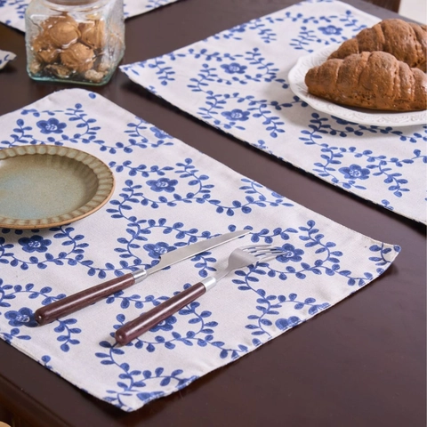 French Rural Floral Cotton Blend Double Layer Heat Insulated Rectangle Placemat Vintage Printed Table Mat For Dining Room