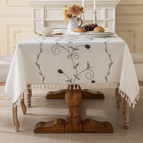 Amerikanische Landhaus Tischdecke Bestickt Blumen Mit Quasten Rechteckig Polyester Leinen Textur Tischbezug Für Esszimmer Party Deko