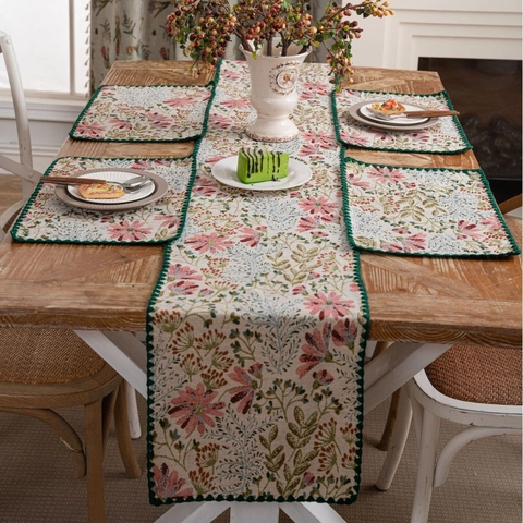 Vintage Floral Jacquard Table Runner With Scalloped Shell Edge Polyester Cotton Pastoral Style Table Runner For Dining Room