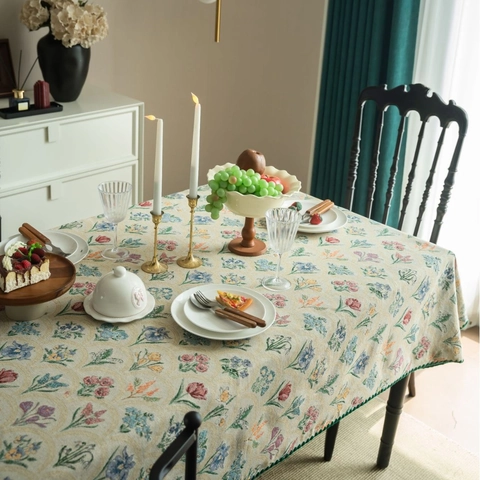 Nappe Vintage Française Jacquard Floral Mélange Polyester Coton Rectangulaire Avec Bord Festonné Décoration Maison