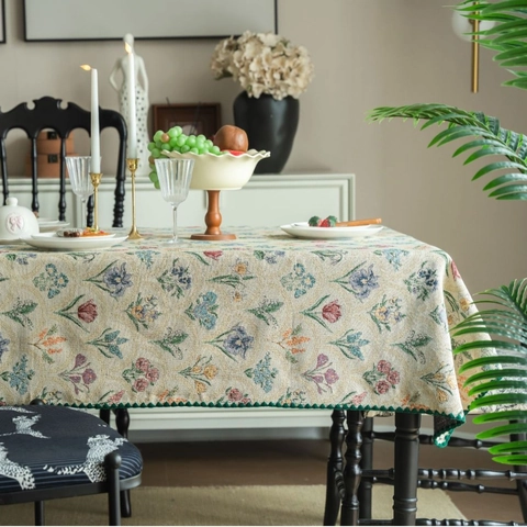 Nappe Vintage Française Jacquard Floral Mélange Polyester Coton Rectangulaire Avec Bord Festonné Décoration Maison