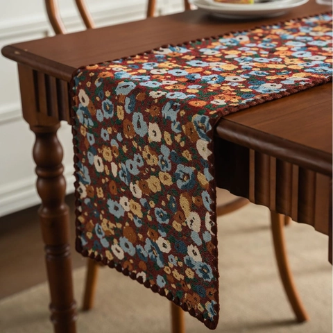 Floral Jacquard Table Runner Retro Pastoral Cotton Polyester Scalloped Edge Decorative Tablecloth For Home Dining Party Decor