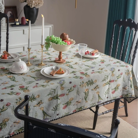 French Vintage Jacquard Tablecloth With Scalloped Shell Edge Botanical Floral Embroidery Rectangular Dining Table Cloth Home Decor