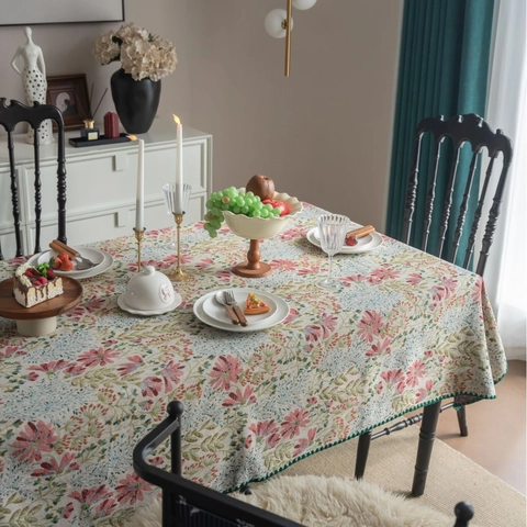 Mantel Jacquard Floral Retro Francés Tejido Mezclado Borde Festoneado Cubierta de Mesa Rectangular para Decoración de Boda Hogar
