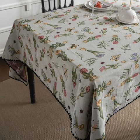 French Vintage Jacquard Tablecloth With Scalloped Shell Edge Botanical Floral Embroidery Rectangular Dining Table Cloth Home Decor