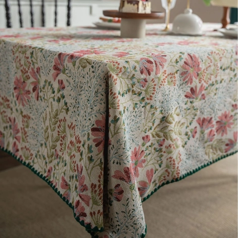 Mantel Jacquard Floral Retro Francés Tejido Mezclado Borde Festoneado Cubierta de Mesa Rectangular para Decoración de Boda Hogar