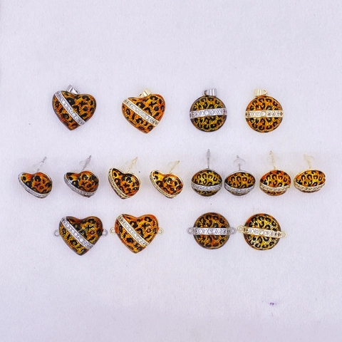 Pendientes De Botón Y Colgantes De Cobre Esmaltado Con Estampado De Leopardo Mujer Incrustaciones De Strass Corazón Redondo Joyería Retro