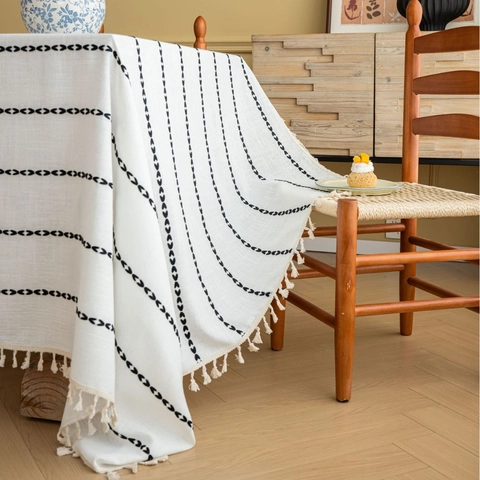 Mantel Rectangular de Poliéster Con Borlas Patrón Bordado Lavable Antipolvo Cubierta de Mesa para Decoración del Hogar