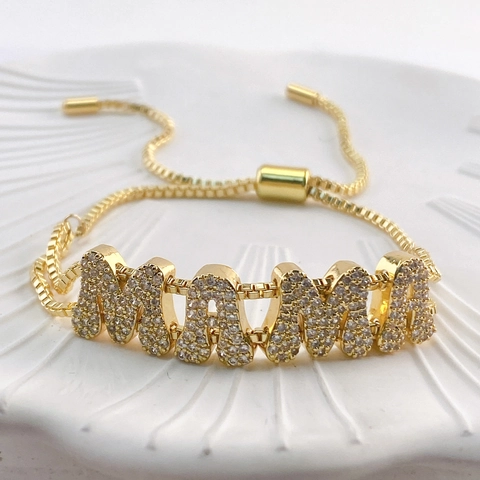 DIY Personalized Gold Pave Zirconia Alphabet A-Z Initial Number 0-9 Pendants Copper Adjustable Box Chain Bracelet For Women