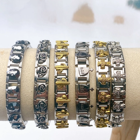 Retro Stainless Steel Italian Charm Bracelet For Women Men Modular Relief Cross Rose Cactus Gothic Fashion Jewelry Gift