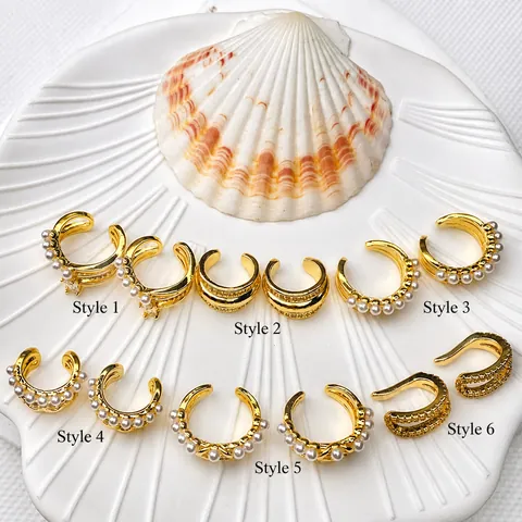18K Gold Plated Copper Ear Cuffs For Women Elegant Non-Pierced C-Shape Zircon Faux Artificial Pearl Layered Clip Earrings Jewelry