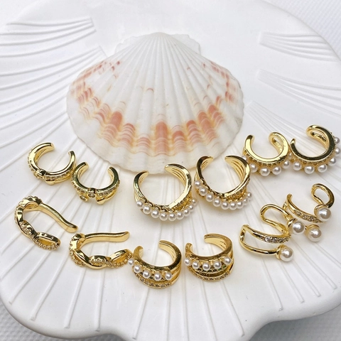 18K Gold Plated Copper Ear Cuffs For Women Elegant Non-Pierced C-Shape Zircon Faux Artificial Pearl Layered Clip Earrings Jewelry