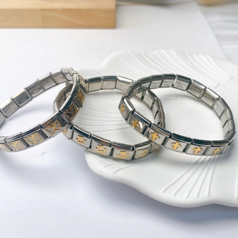 Bracelet Italien à Breloques Modulaire DIY Acier Inoxydable Maillons Or Argent Cœur Papillon Croix Patte Étoile Bijoux Femme Homme