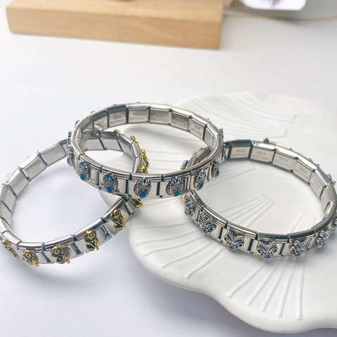 Retro Stainless Steel Italian Charm Bracelet For Women Men Modular Elastic Bracelet Floral Owl Eagle Pattern Enamel Jewelry