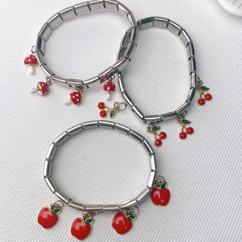 Italian Charm Bracelet Stainless Steel Modular Link Bracelet Red Enamel Fruit Strawberry Cherry Apple Christmas Charms Fashion Jewelry Gift